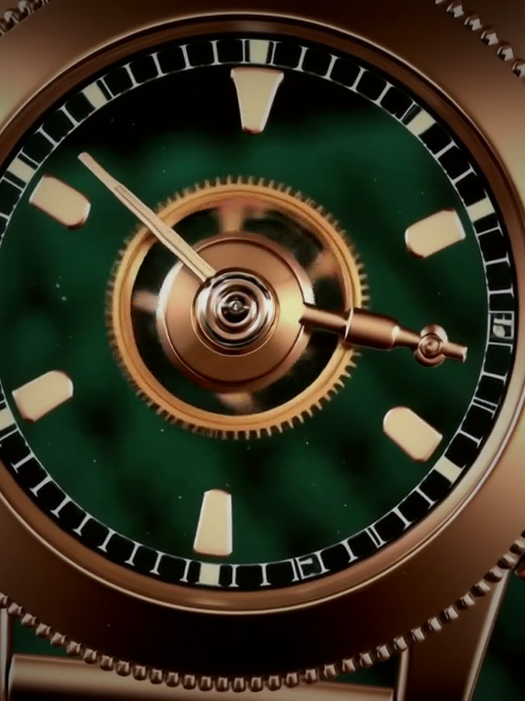 Close view of a rose gold watch with a deep green dial